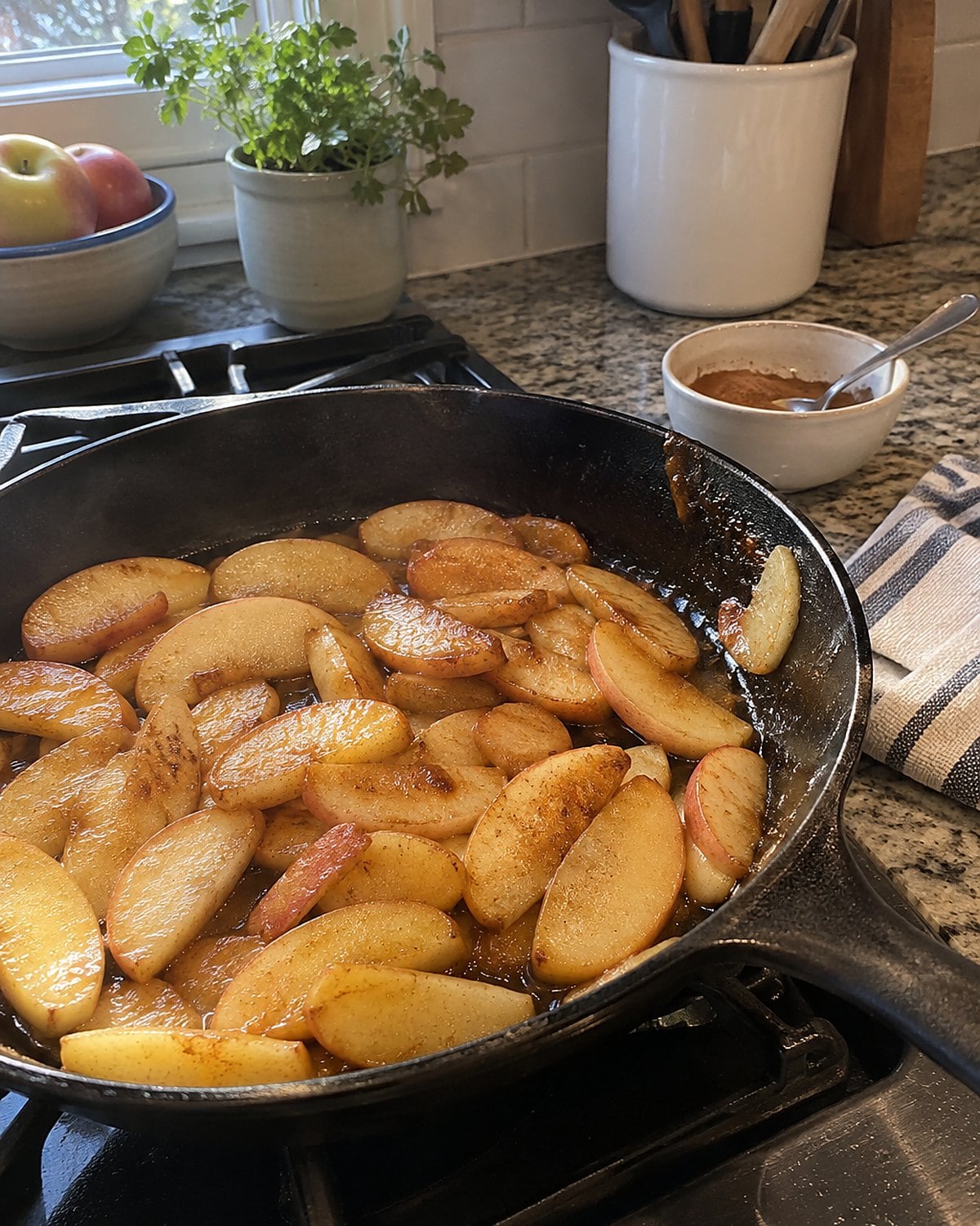 Thick apple slices browning in a skillet beside a small bowl of cinnamon.