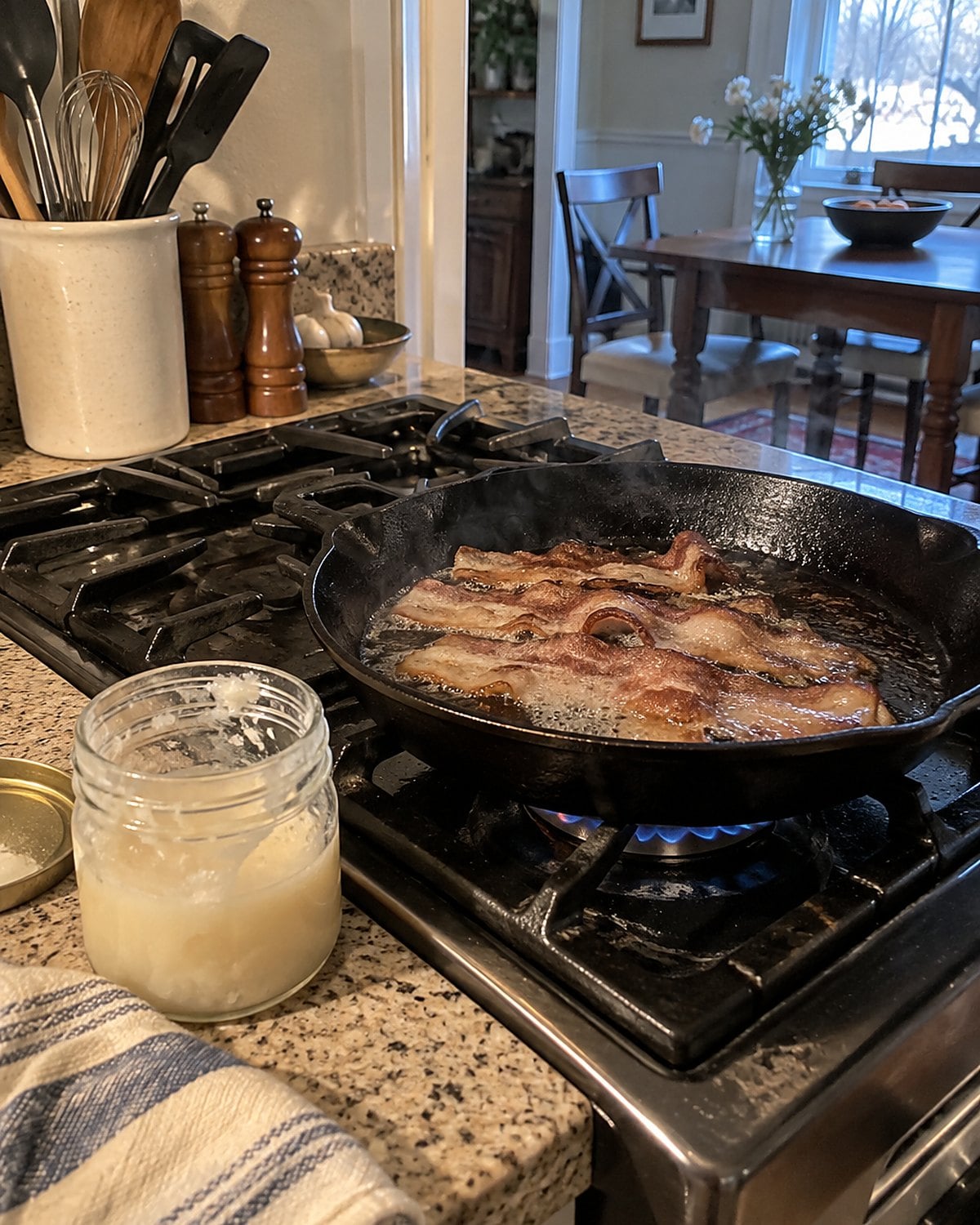 A small covered jar of chilled bacon grease sits beside a hot skillet on the stove.