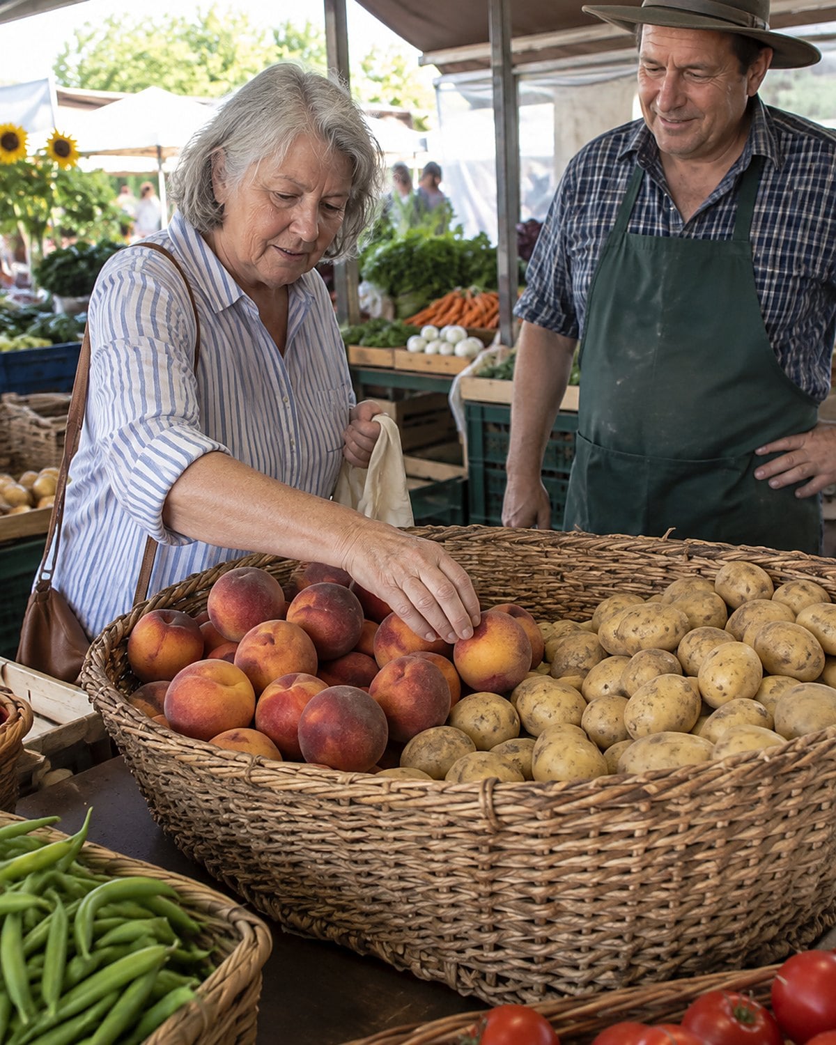Hands place loose peaches and potatoes into separate parts of a woven basket at a market stall.