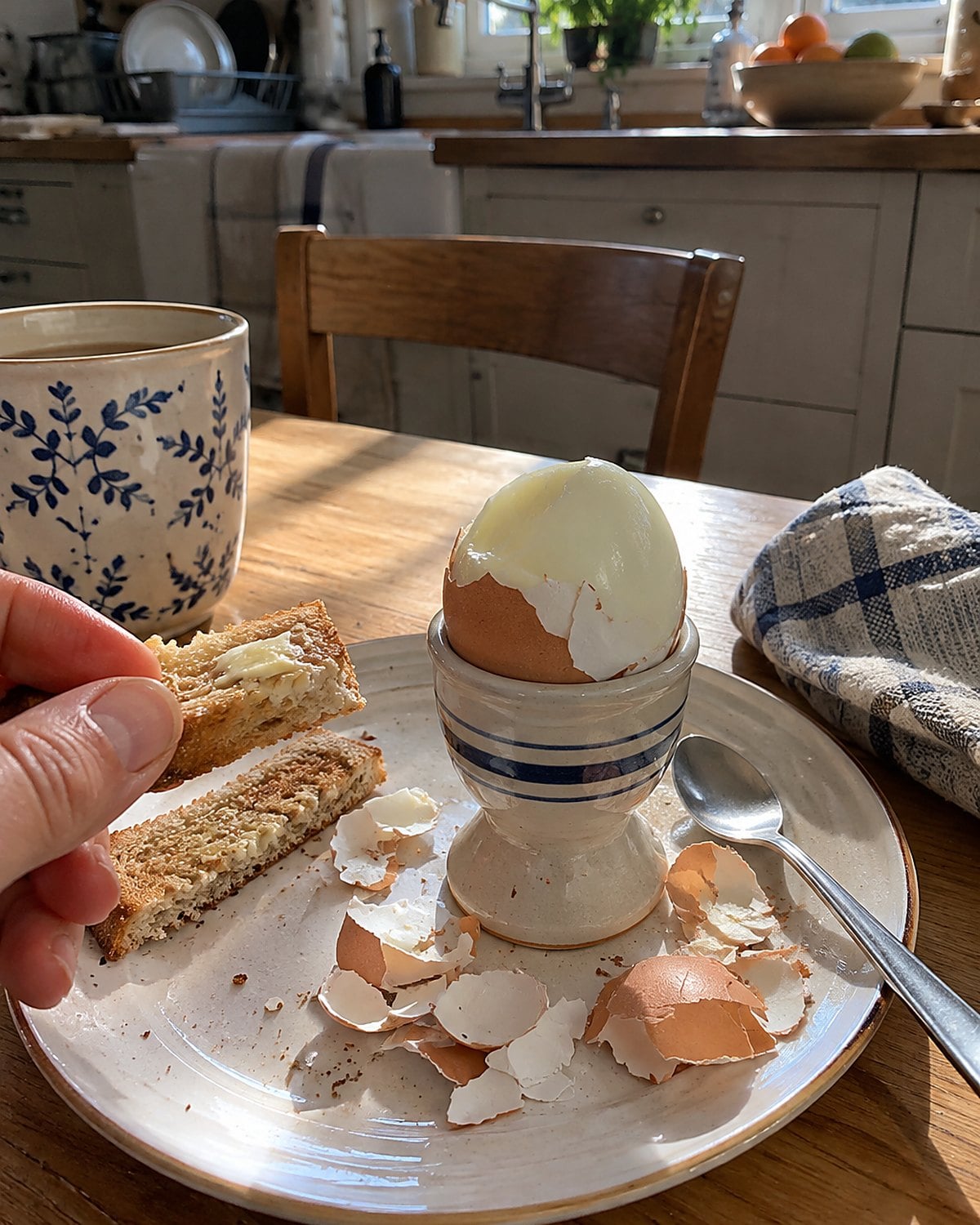 A hard-boiled egg stands in an egg cup beside scattered shell pieces at the breakfast table.