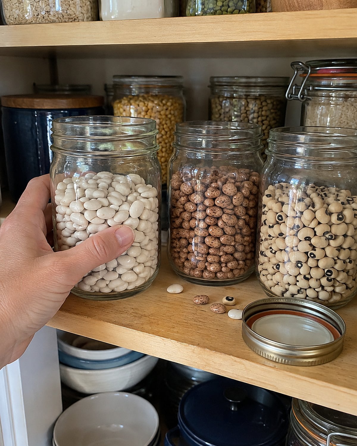 Jars of white beans, pintos, and black-eyed peas stand on a pantry shelf with their contents visible.