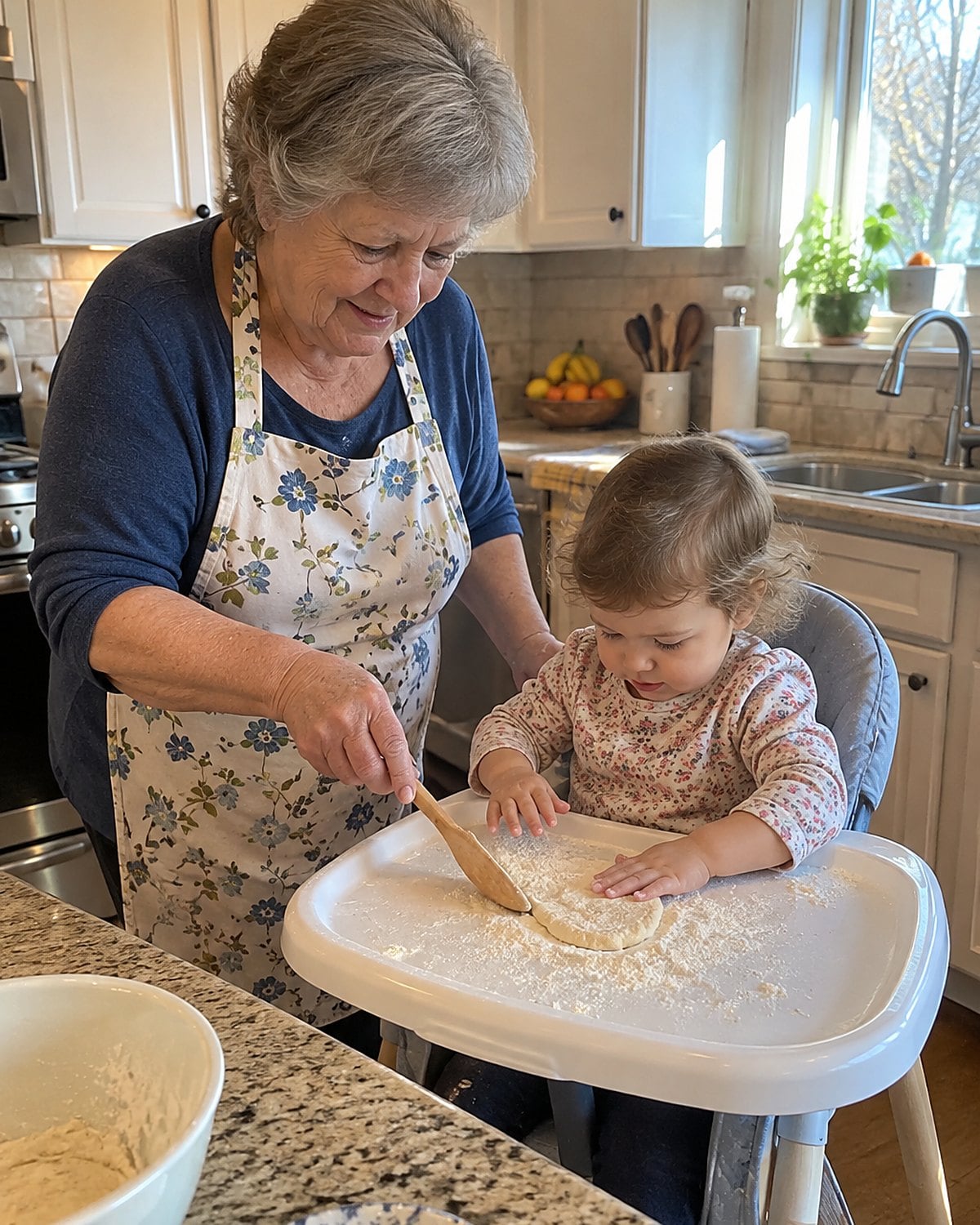 A grandchildโs hands pat a small piece of dough on a flour-dusted high-chair tray.