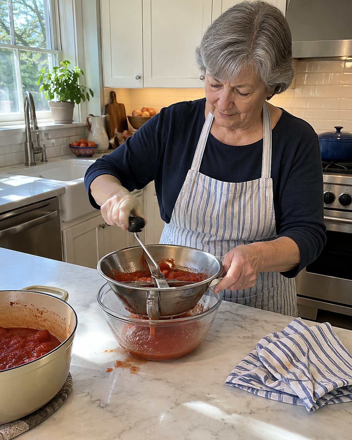 Hands turn a food mill over a bowl of cooked tomatoes, with skins gathered on the screen.
