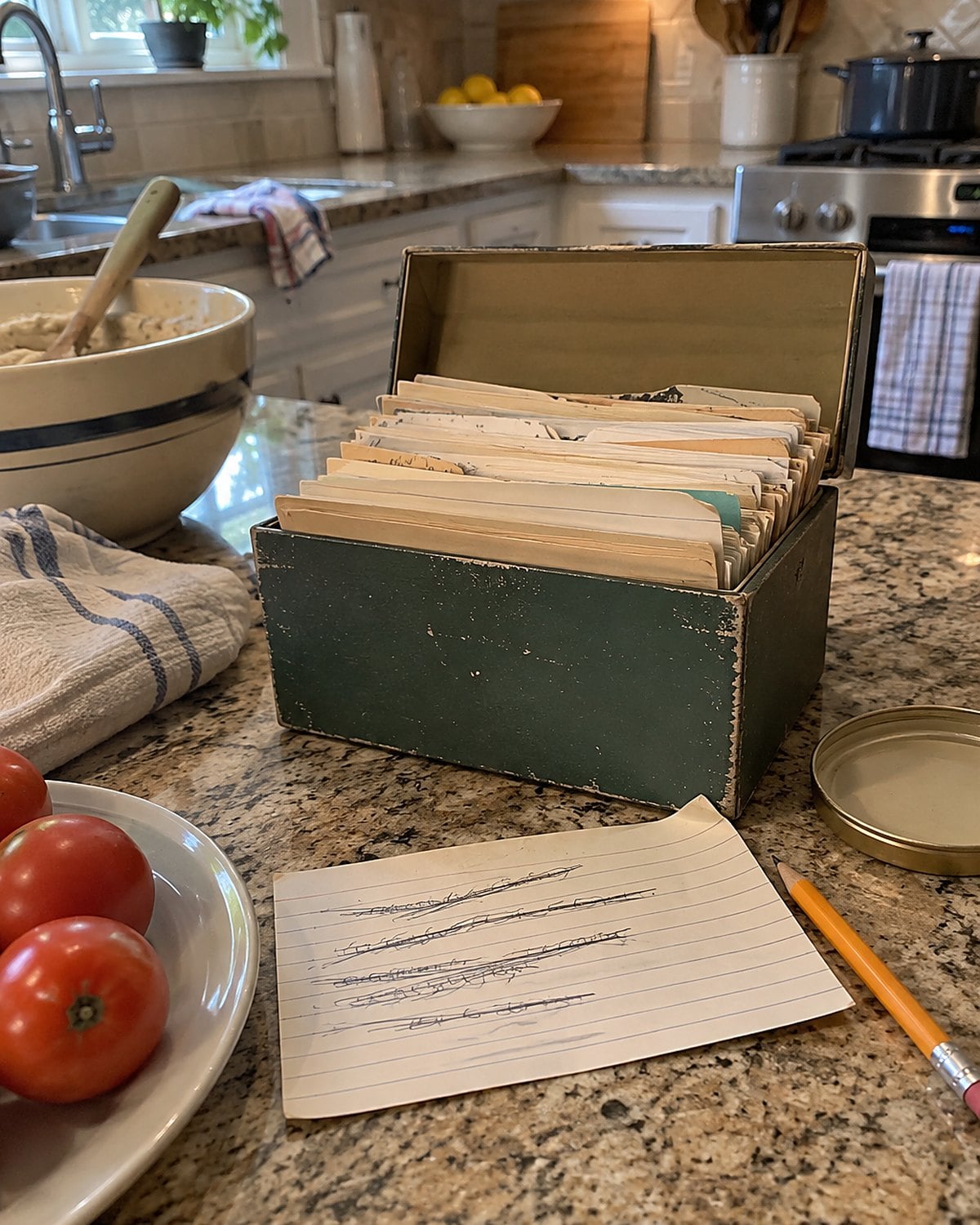 A recipe box sits open beside a crossed-out card and a pencil on the counter.