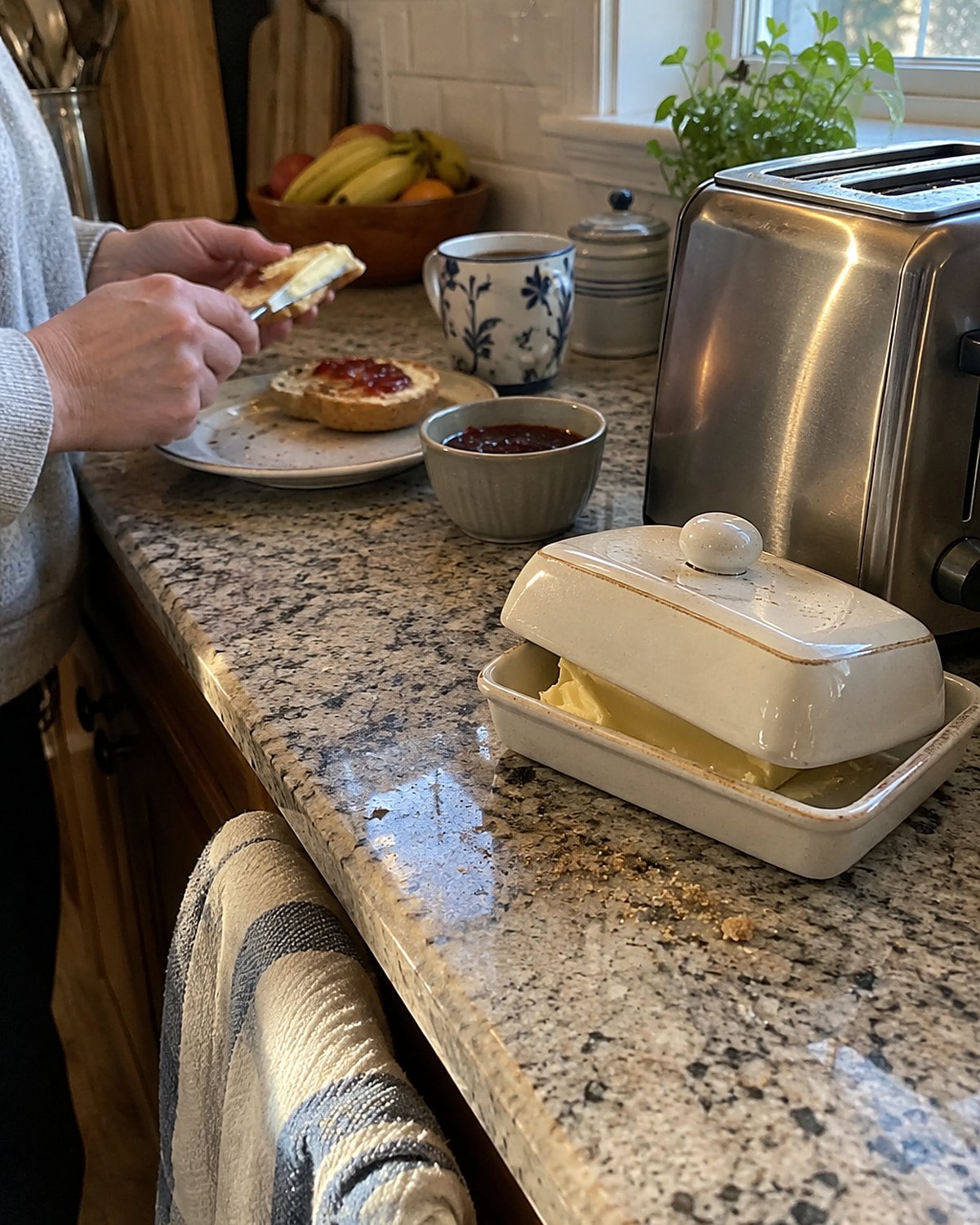 A covered butter dish sits beside a toaster with a few crumbs on the counter.