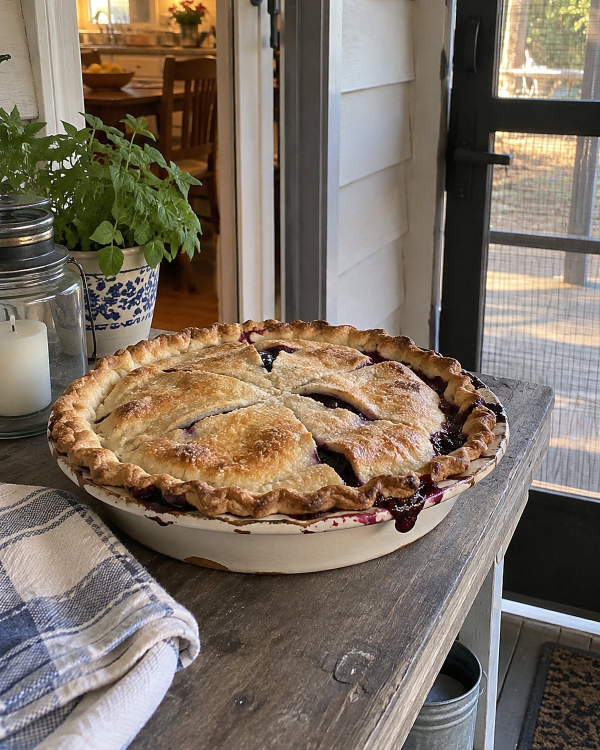 A pie cools on a porch shelf beside a screen door, with the dish set back from the edge.