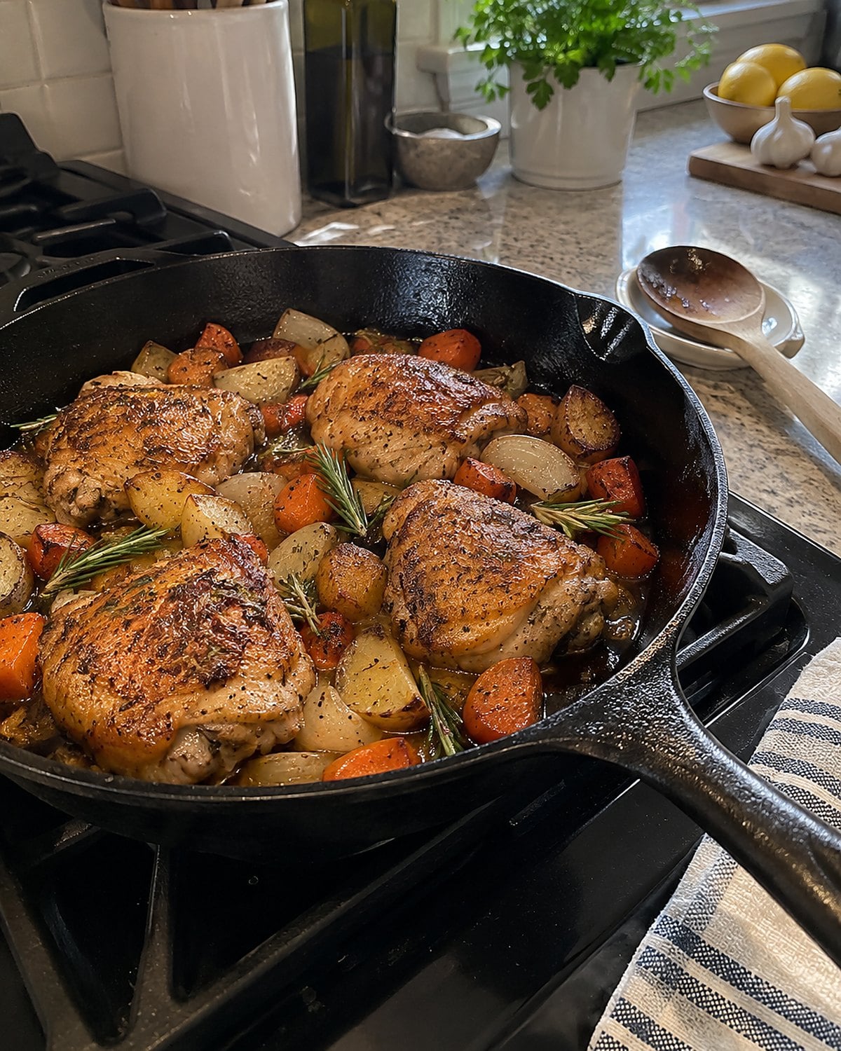 A worn cast-iron skillet rests on a stovetop beside a folded towel.