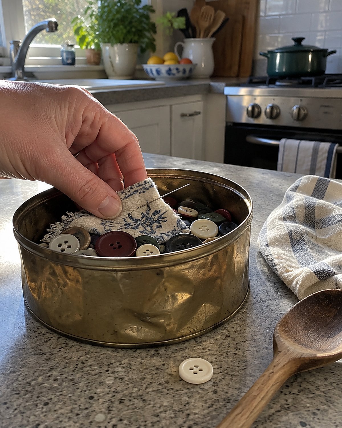 An open dented coffee tin holds loose buttons and a needle pushed through a scrap of fabric on a kitchen counter.