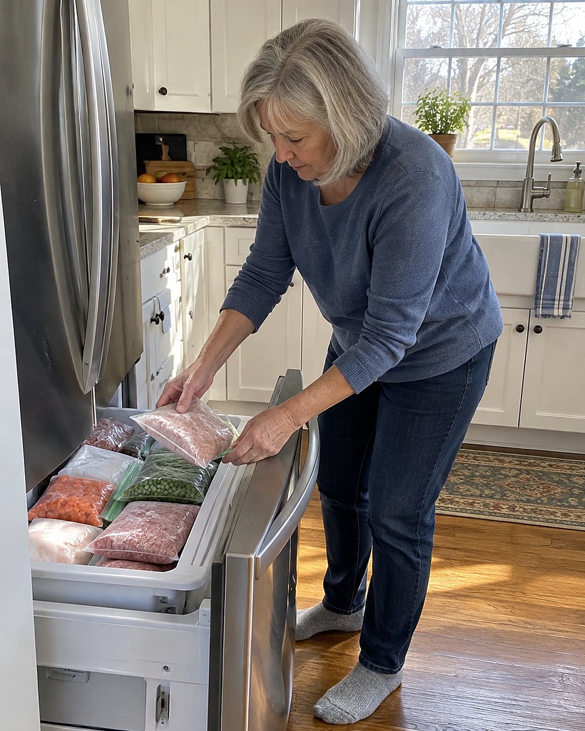 A hand sets a flat freezer bag beside other frozen bags in an open freezer drawer.
