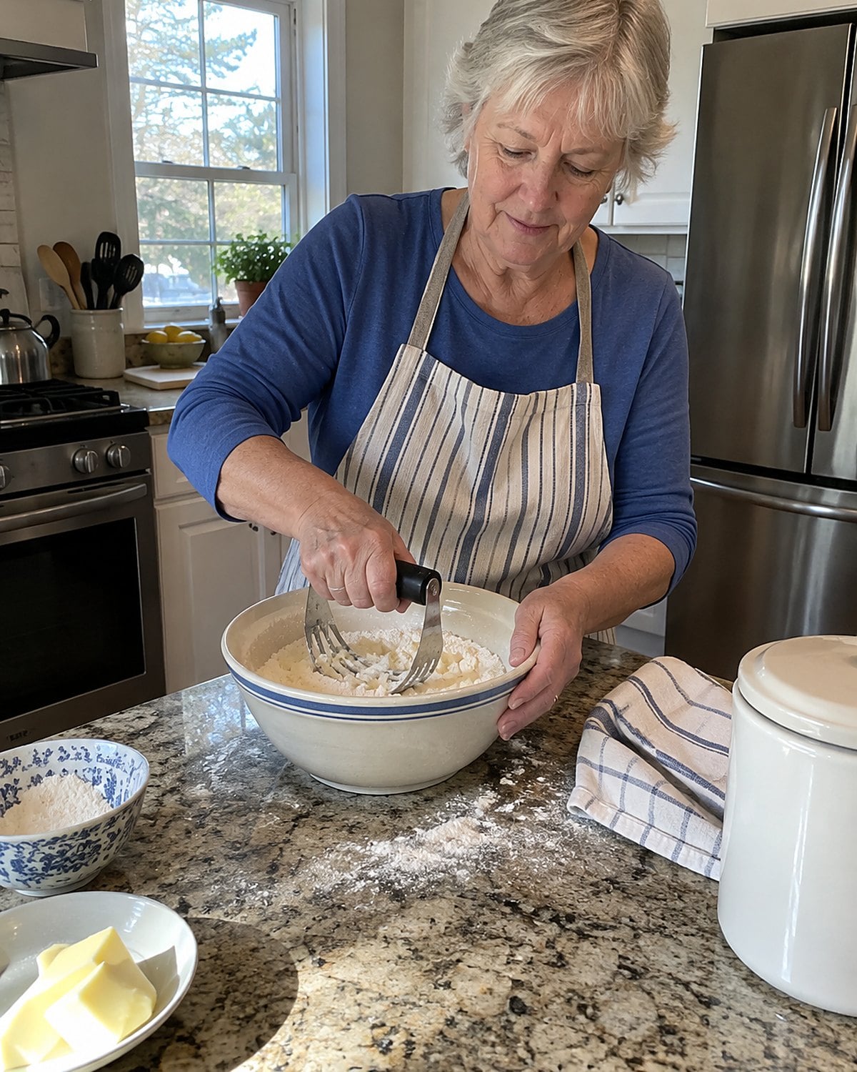 A pastry blender cuts small pieces of butter into flour in a ceramic bowl.
