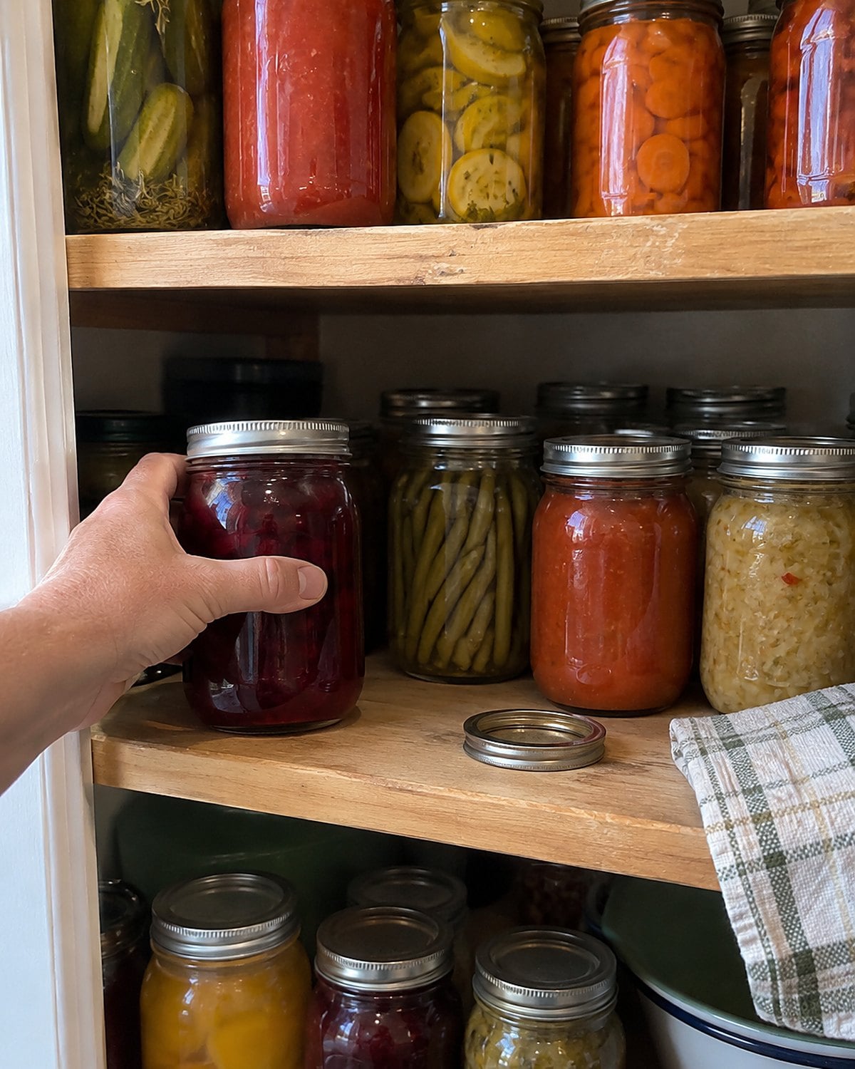 Home-canned jars with different colored contents stand in rows on a pantry shelf.