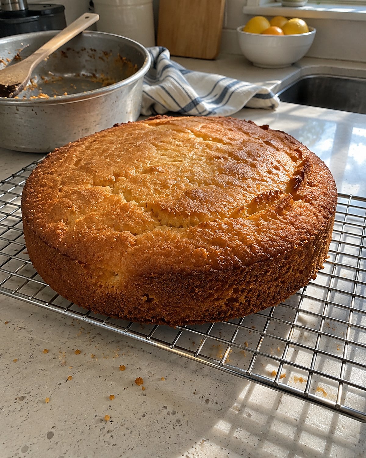 A plain cake cools on a wire rack with a few crumbs beneath it.