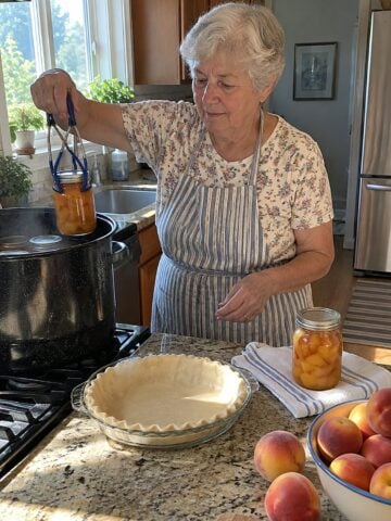 At an August canning setup on the counter in early morning, a woman in her seventies works alone, lifting a jar beside a pie plate and a bowl of fruit.