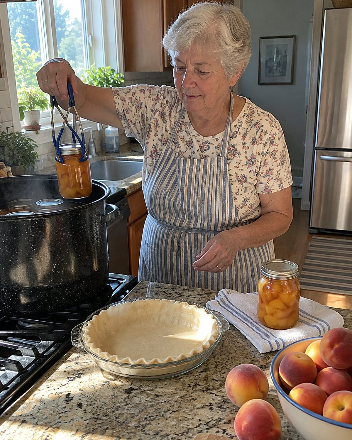 At an August canning setup on the counter in early morning, a woman in her seventies works alone, lifting a jar beside a pie plate and a bowl of fruit.
