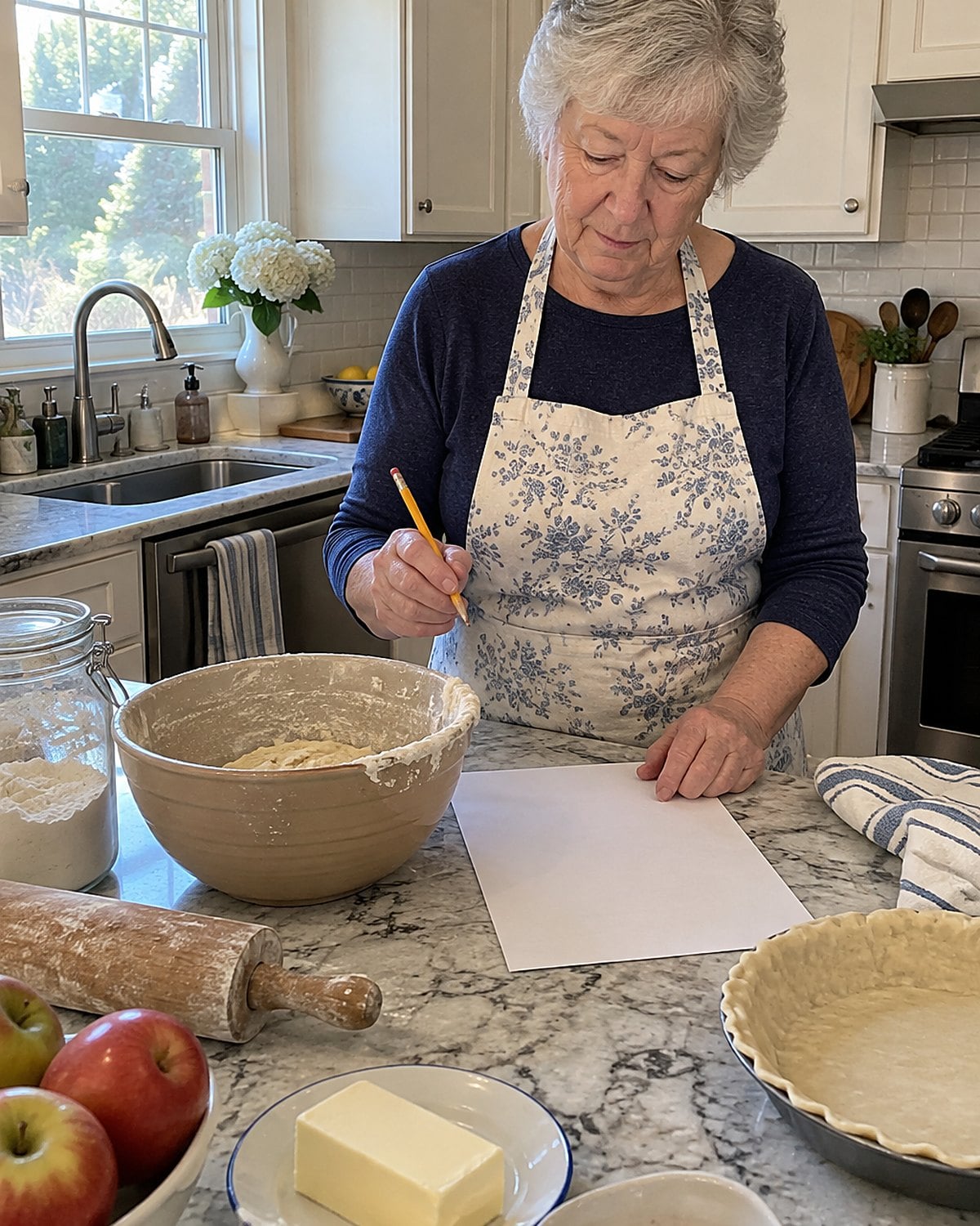 A hand writing pie-making notes in the margin of a worn church cookbook beside a floury bowl.
