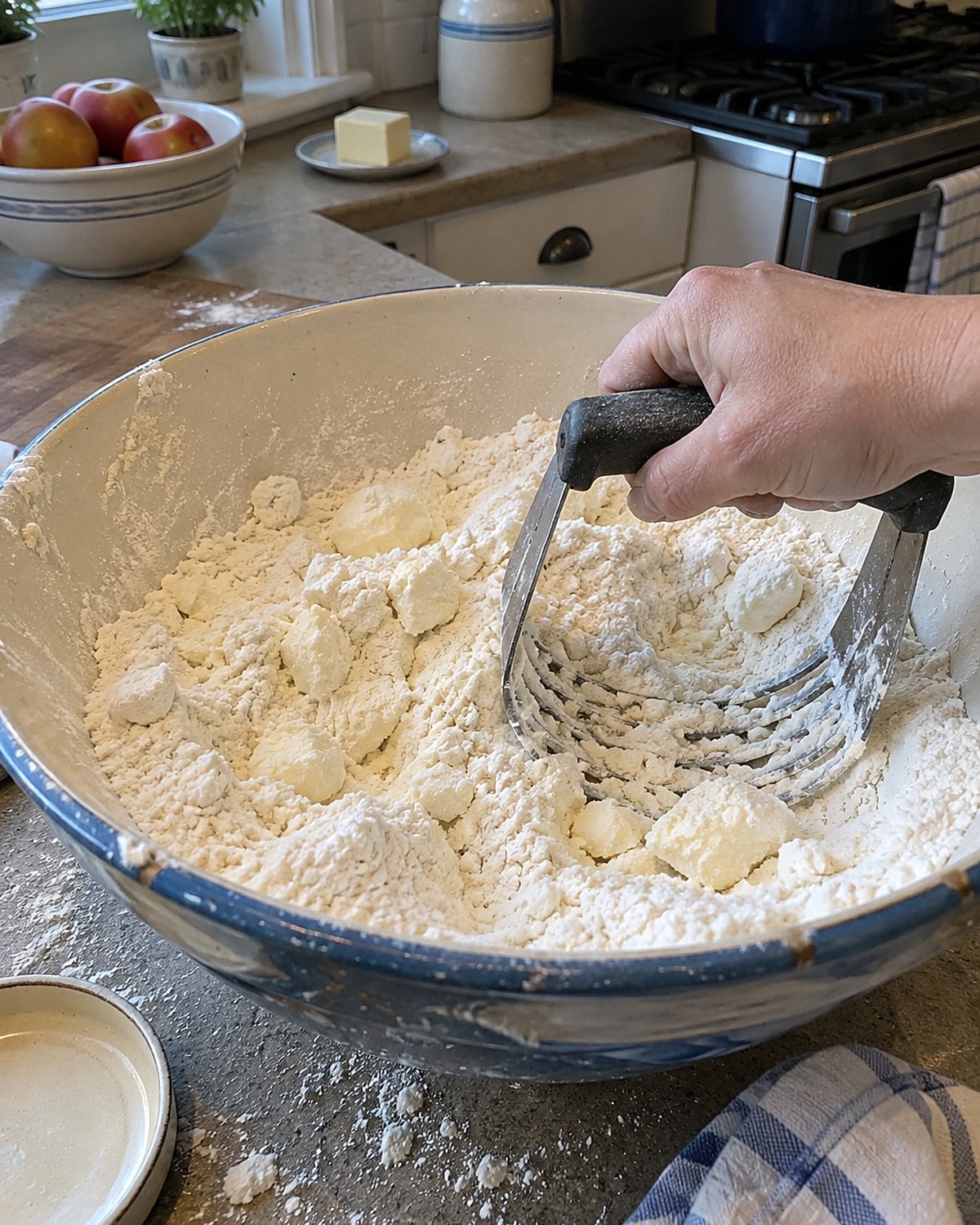 A pastry blender cutting cold fat into flour in a wide kitchen bowl.