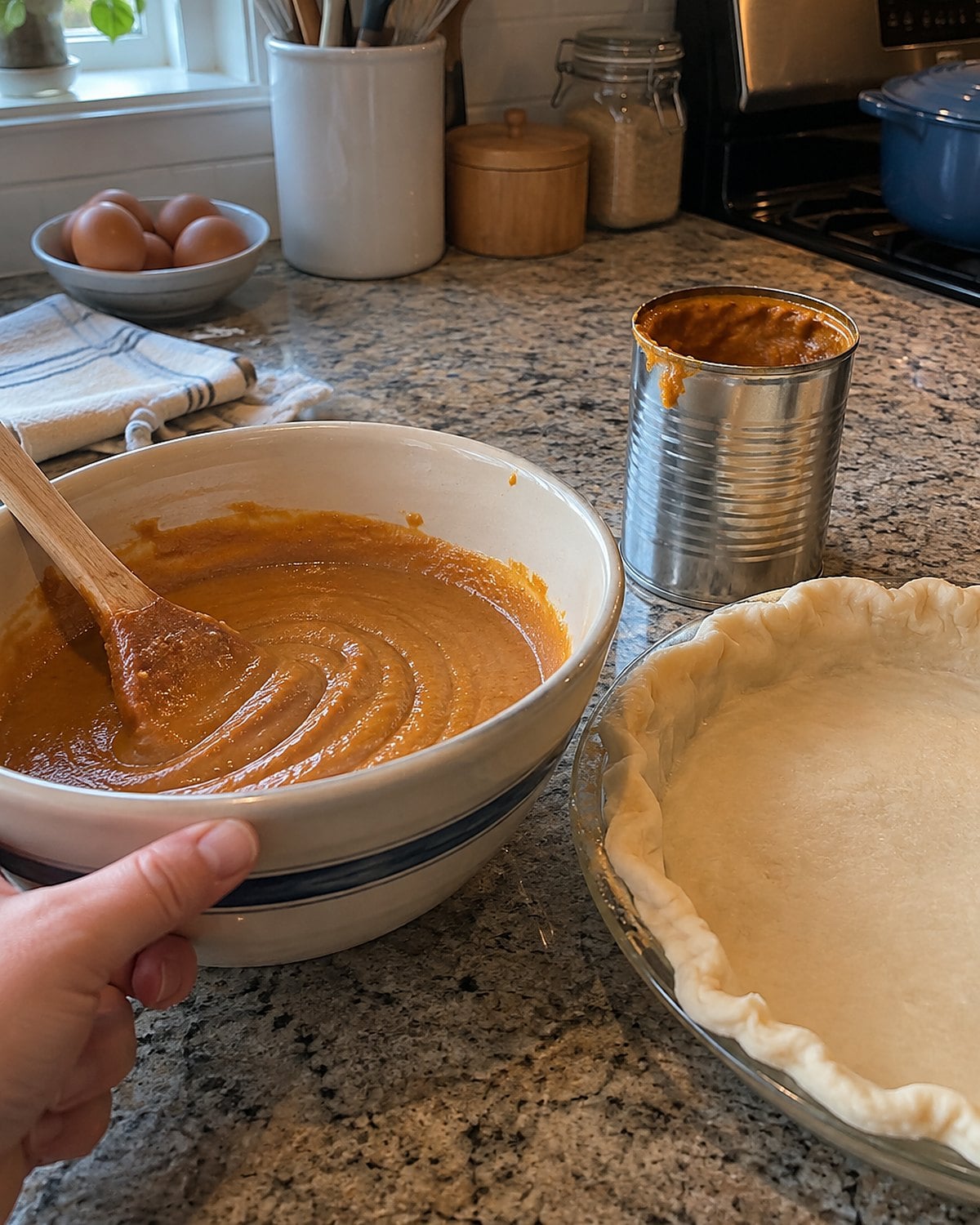 An open can of plain pumpkin puree beside a mixing bowl and an unfilled pie shell.