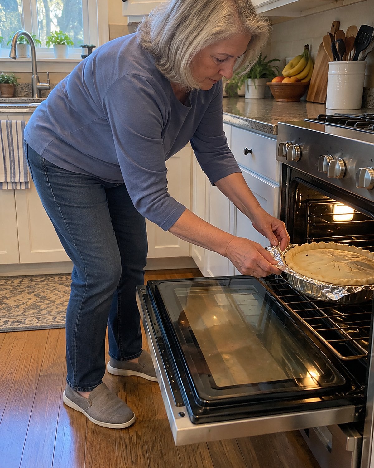Hands fitting a loose foil ring around a pie plate on an oven rack.
