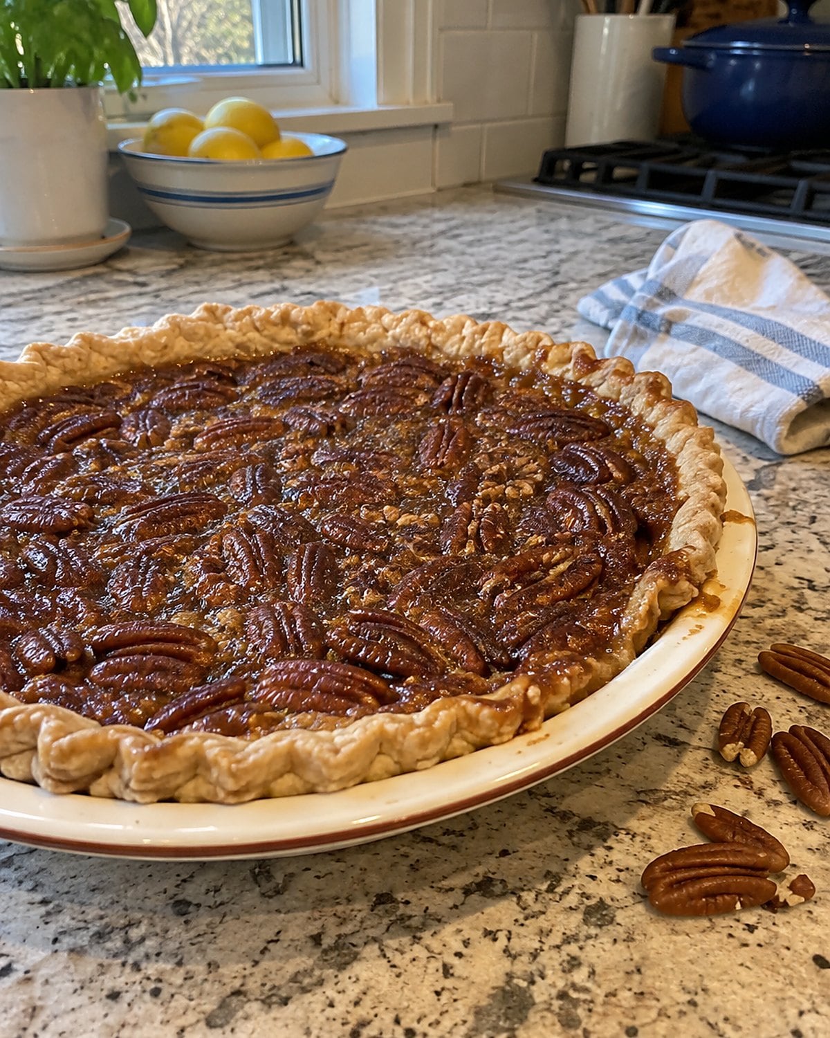 A pecan pie in its plate with a few loose pecans beside it on the counter.