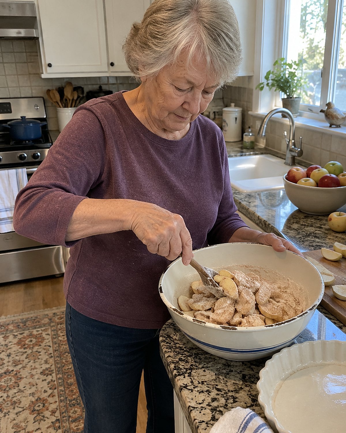 A hand tossing sliced fruit with flour and sugar in a chipped mixing bowl.