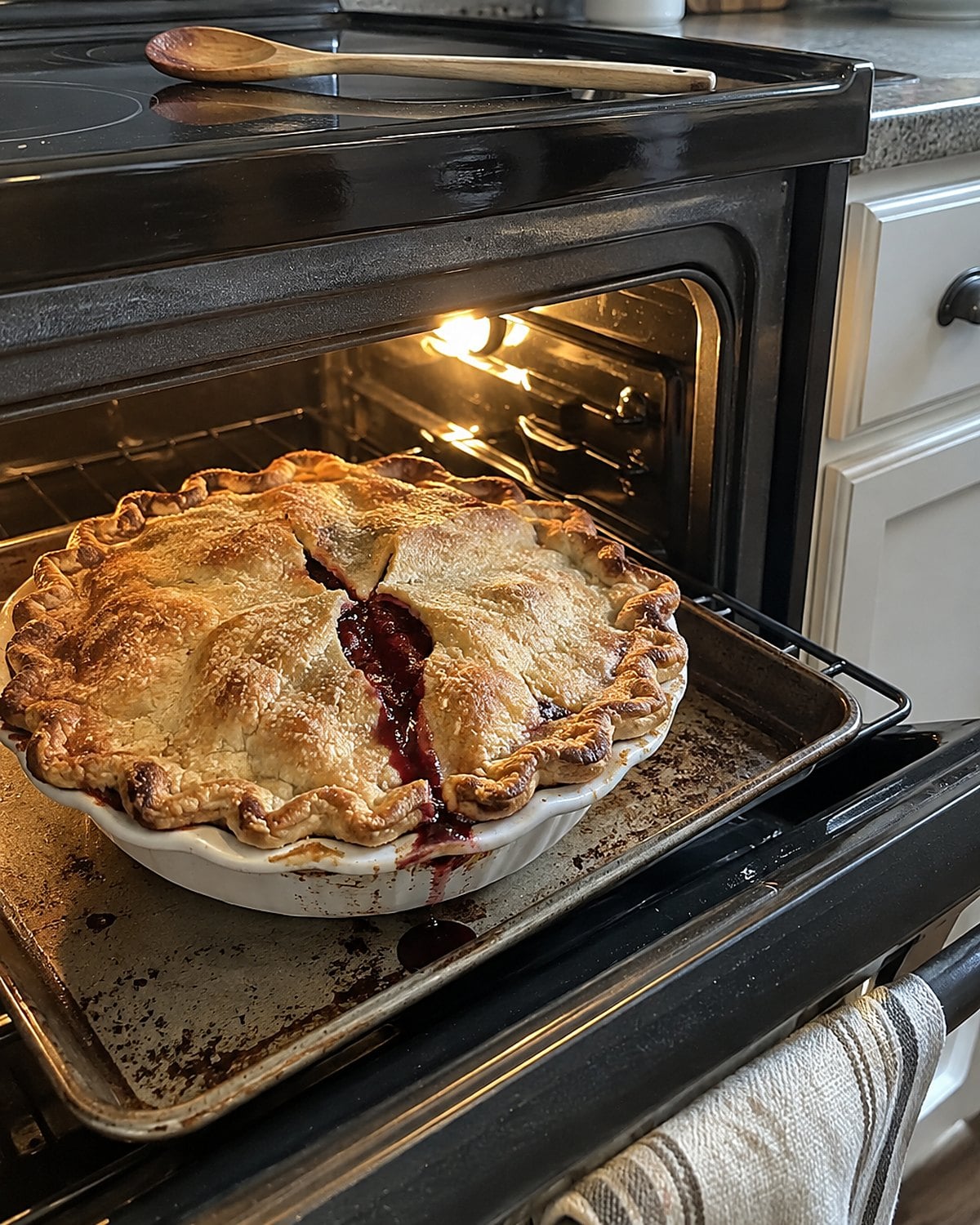 Thick fruit filling bubbling through the center vent of a pie inside an oven.