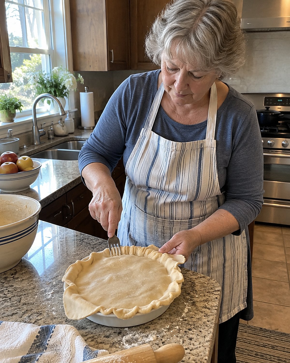 A hand pressing fork tines into the folded rim of a raw pie crust.