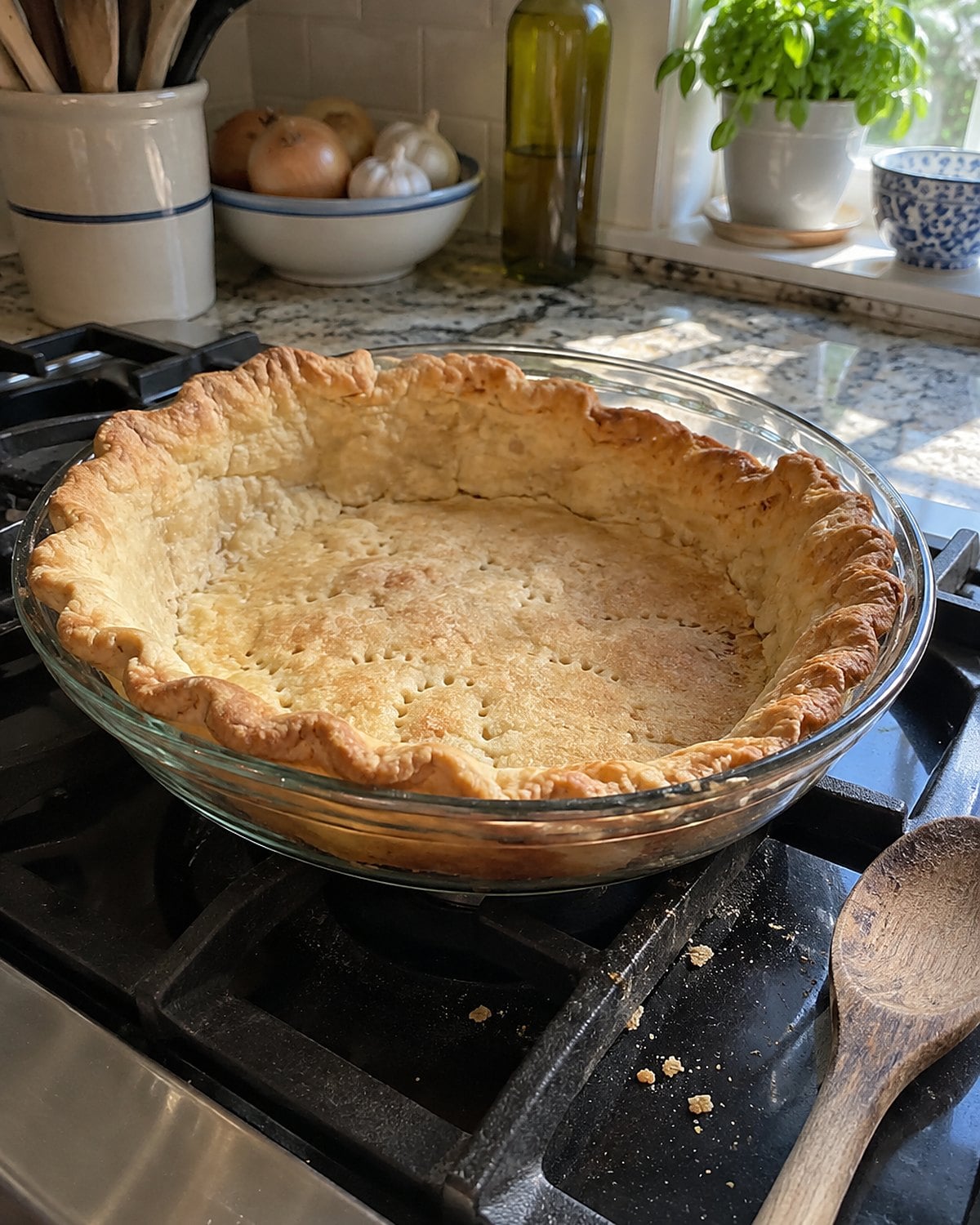 A glass pie plate holding a blind-baked shell with a browned bottom on the stove.
