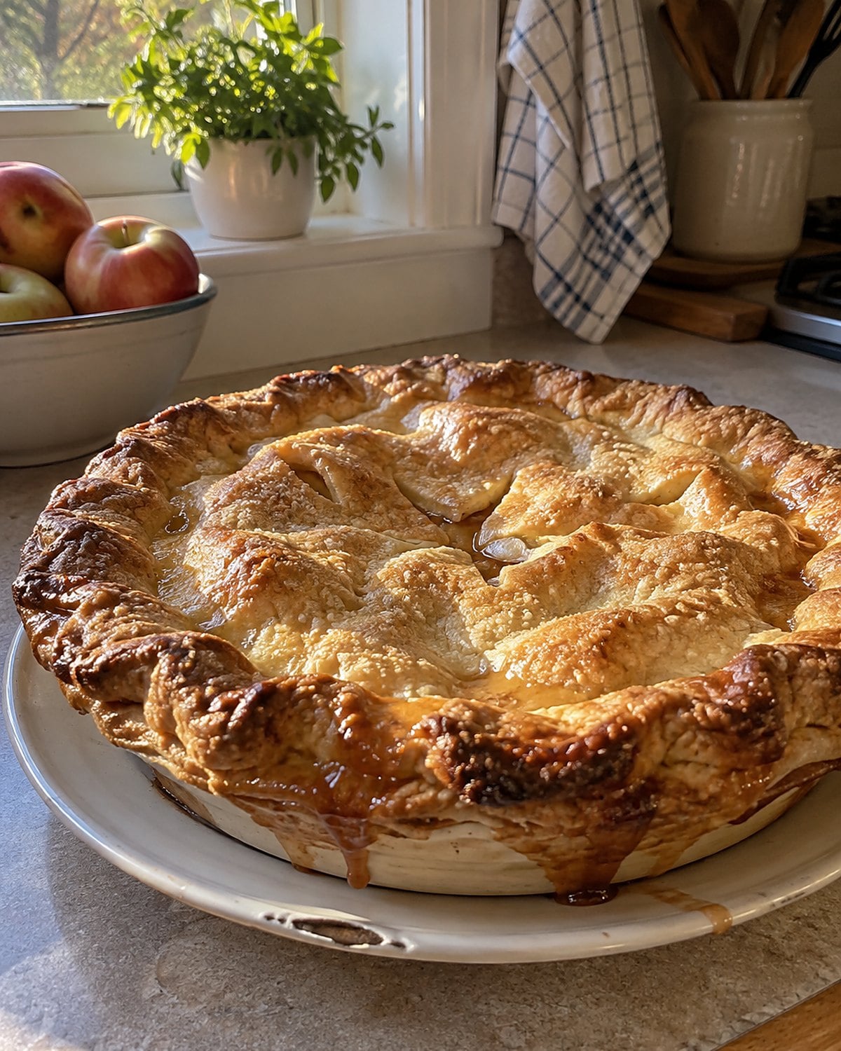 A sunken apple pie cooling on a windowsill with a few drips on the plate.
