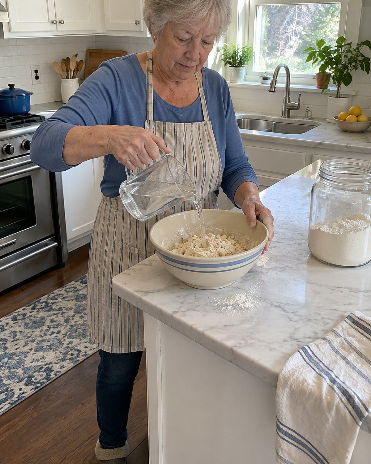 Hands tipping cold water from a measuring cup into shaggy pastry dough.