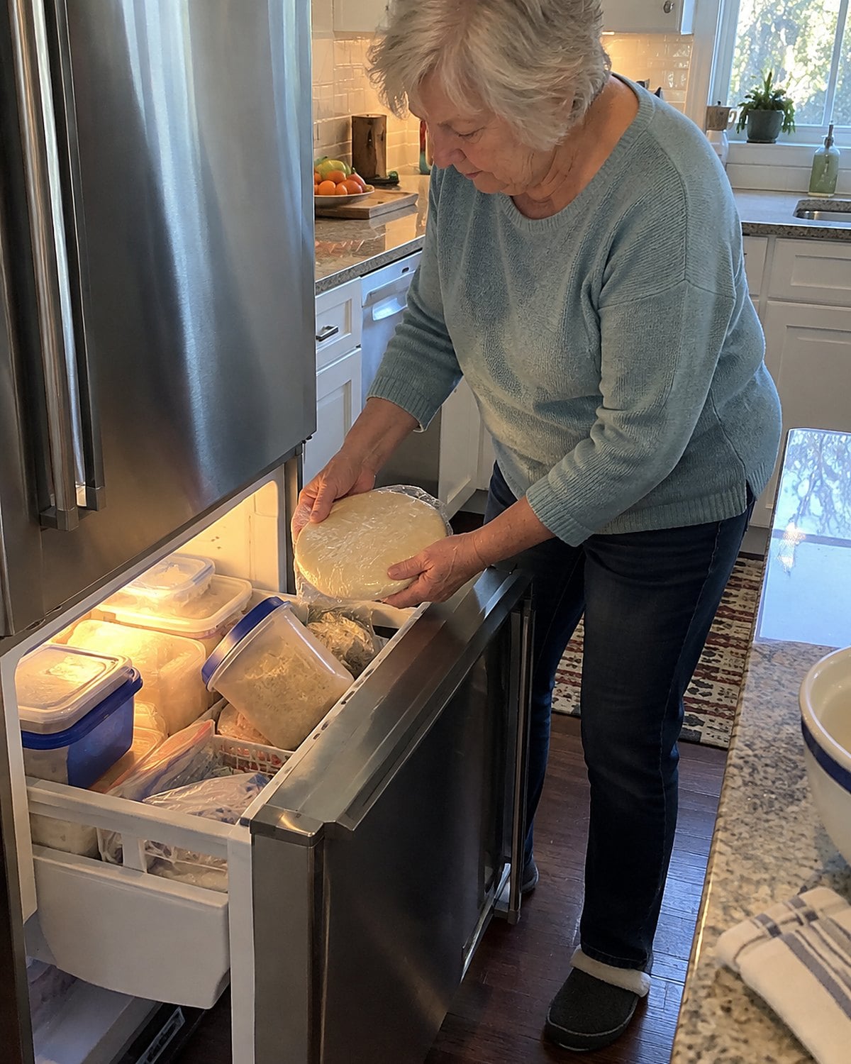 A hand placing a wrapped disk of dough into a crowded freezer drawer.