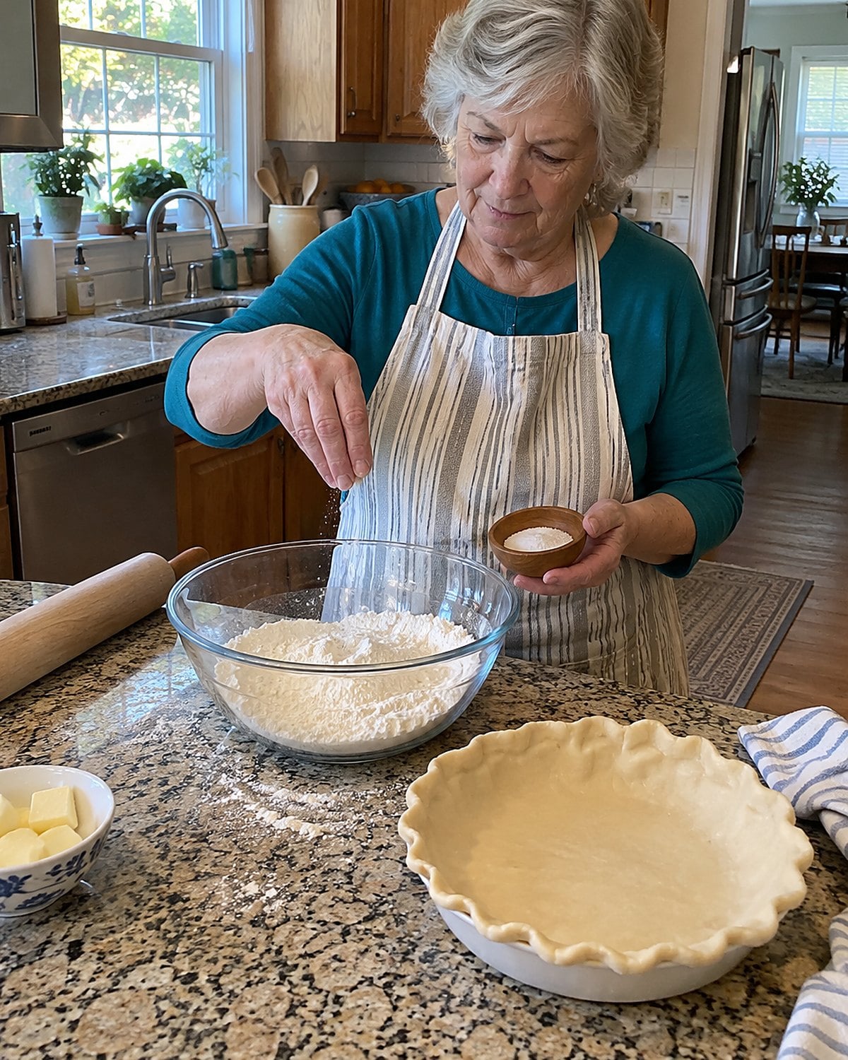 Fingers sprinkling salt into flour in a mixing bowl beside a raw pie shell.