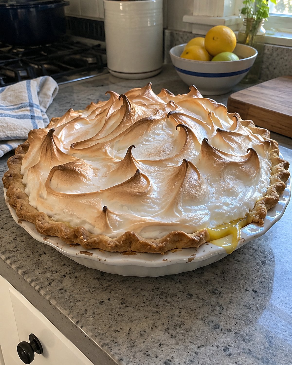 A lemon meringue pie with browned peaks cooling beside the stove.