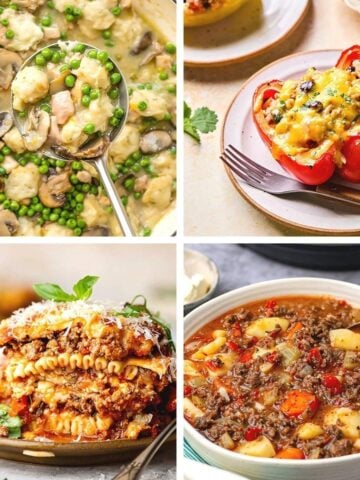 Collection of savory high-protein comfort meals including stew, lasagna, and stuffed peppers