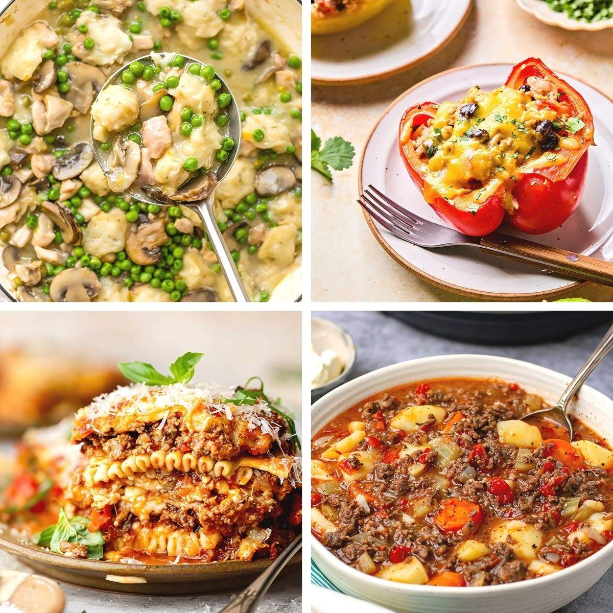 Collection of savory high-protein comfort meals including stew, lasagna, and stuffed peppers