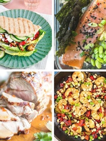 High-protein dinner recipes collage featuring a chicken pita sandwich, salmon bowl, sliced pork tenderloin, and shrimp stir-fry.