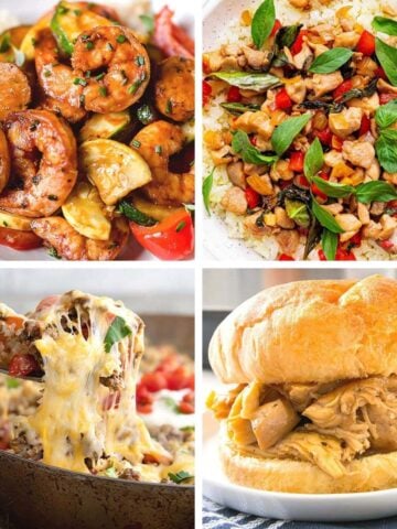 A composite image showcasing a collection of four healthy dinner recipes: garlic butter shrimp with zucchini, Thai basil chicken stir-fry, a cheesy low-carb casserole, and a shredded chicken sandwich.