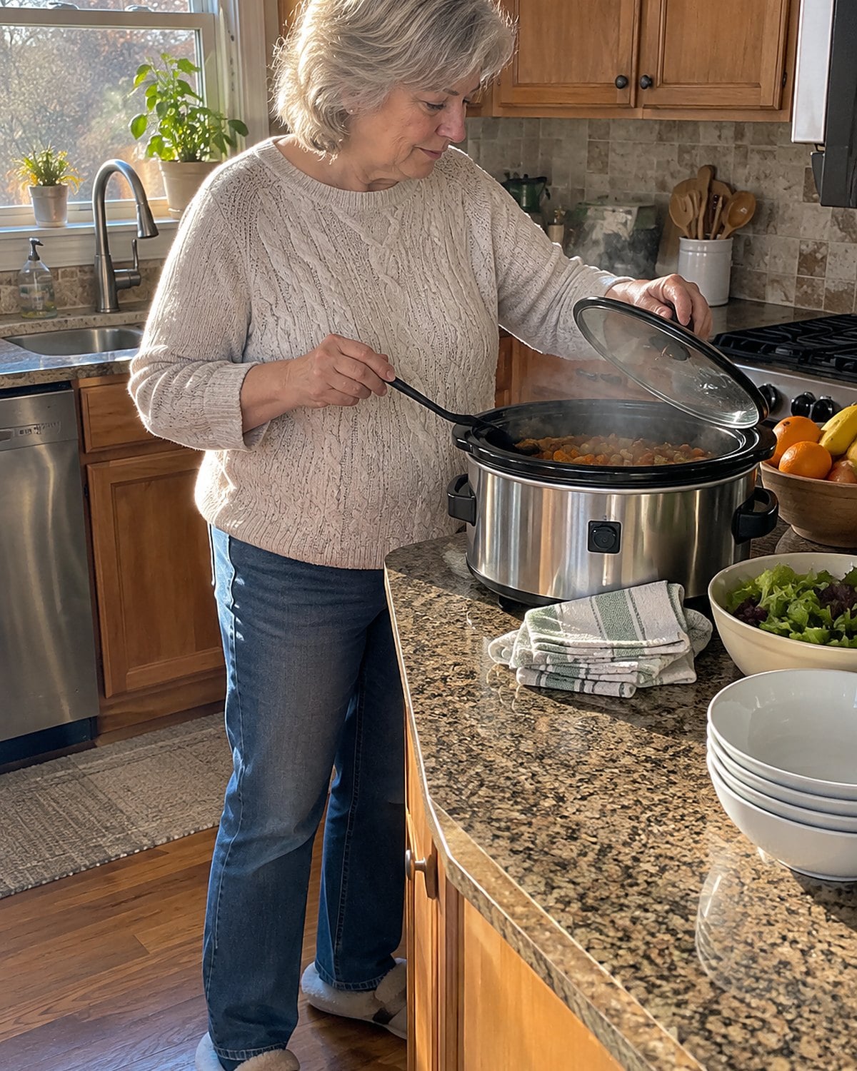 A woman in her sixties lifts the lid of a slow cooker at a kitchen counter in late afternoon, alone, with a serving spoon in her other hand.