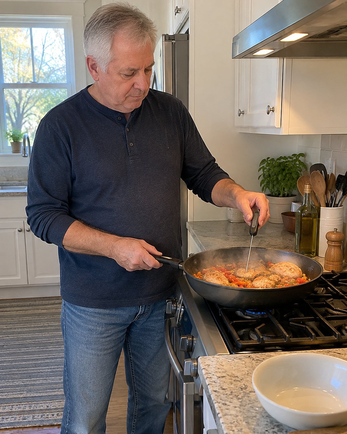 A hand checks food reheating in a pan on the stove with a food thermometer.