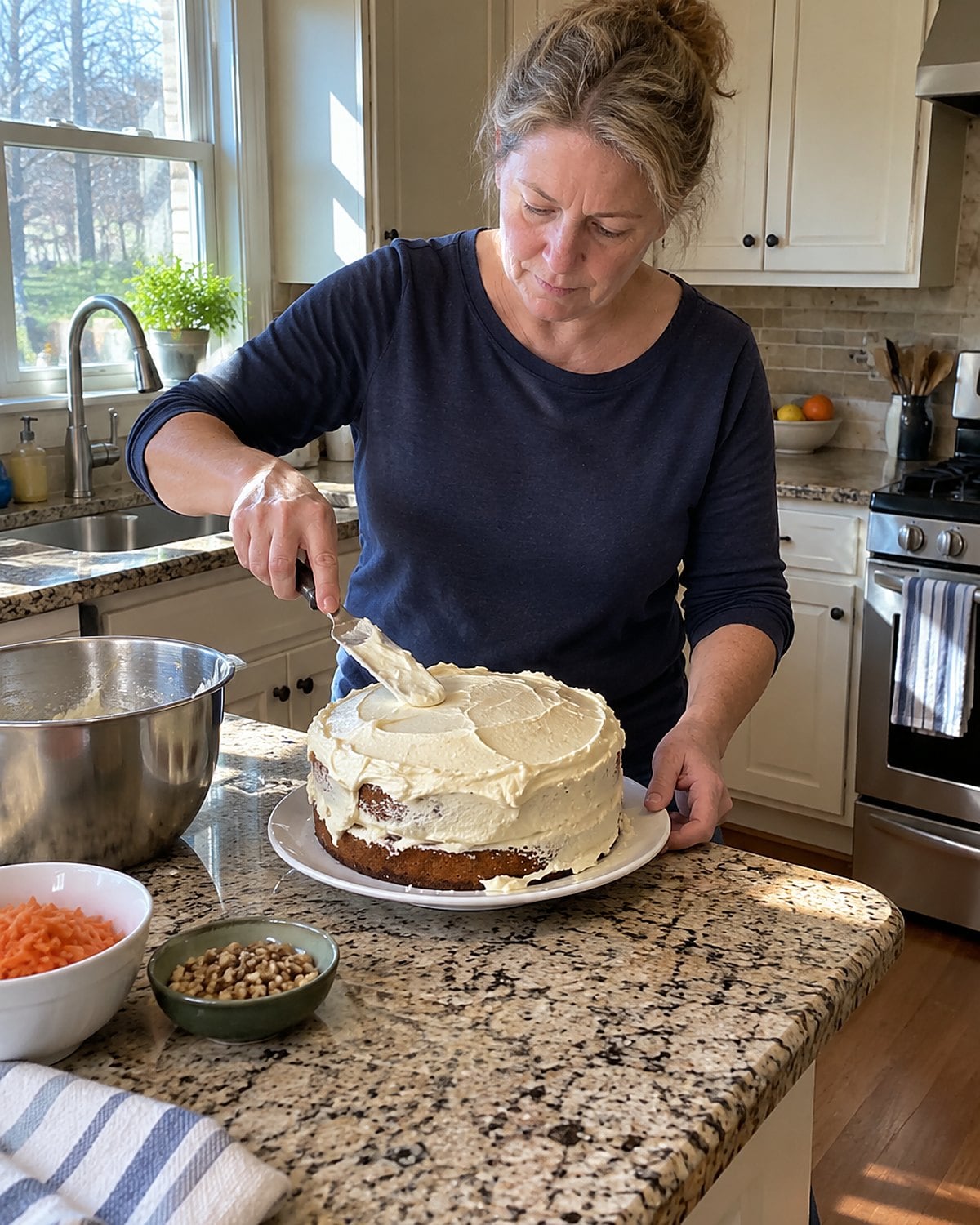 A hand spreads cream cheese frosting across a slightly uneven carrot cake.