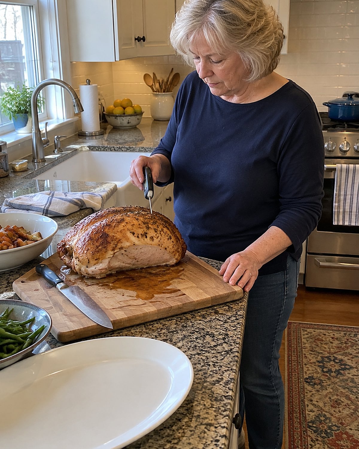 A hand checks a turkey breast with a thermometer beside a carving board.