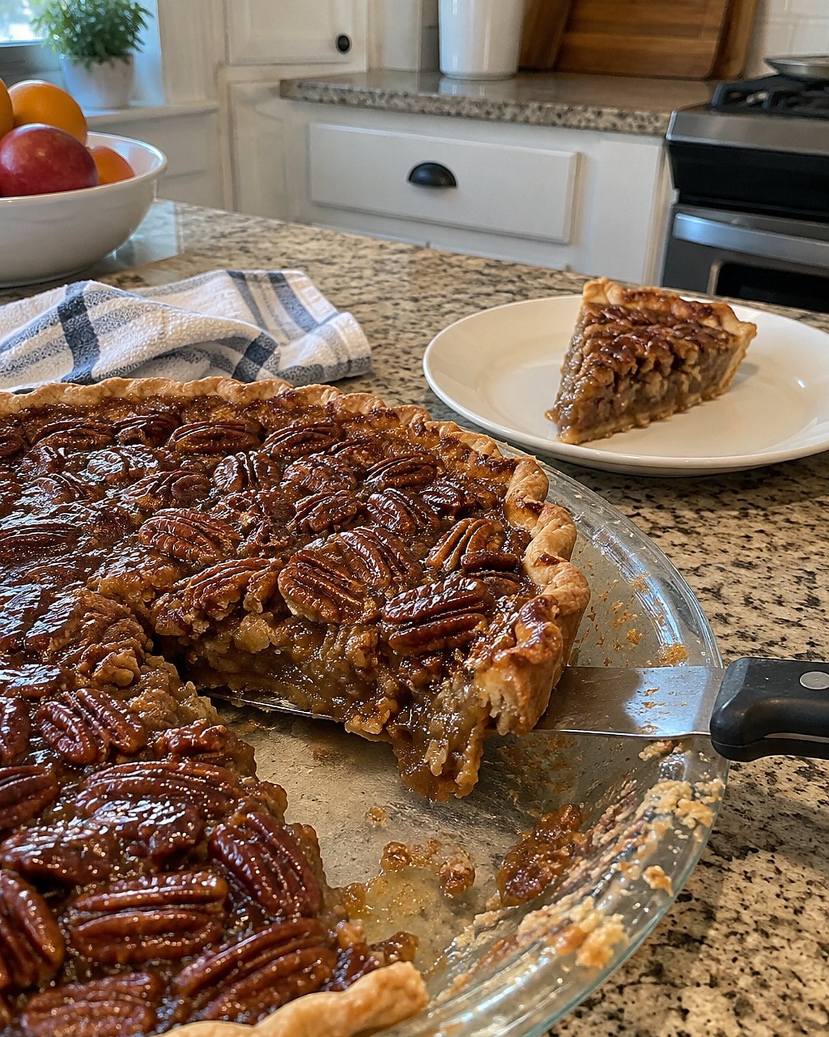 A first slice of pecan pie slumps against a knife in its pie plate.