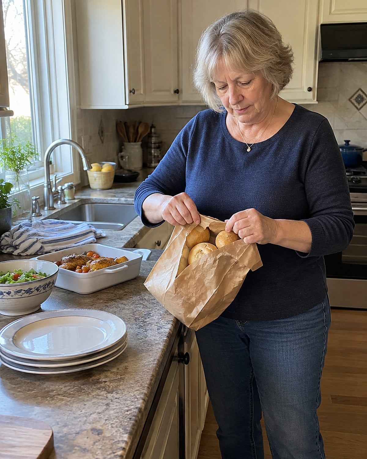 A hand untwists a paper bakery bag of dinner rolls on the kitchen counter.