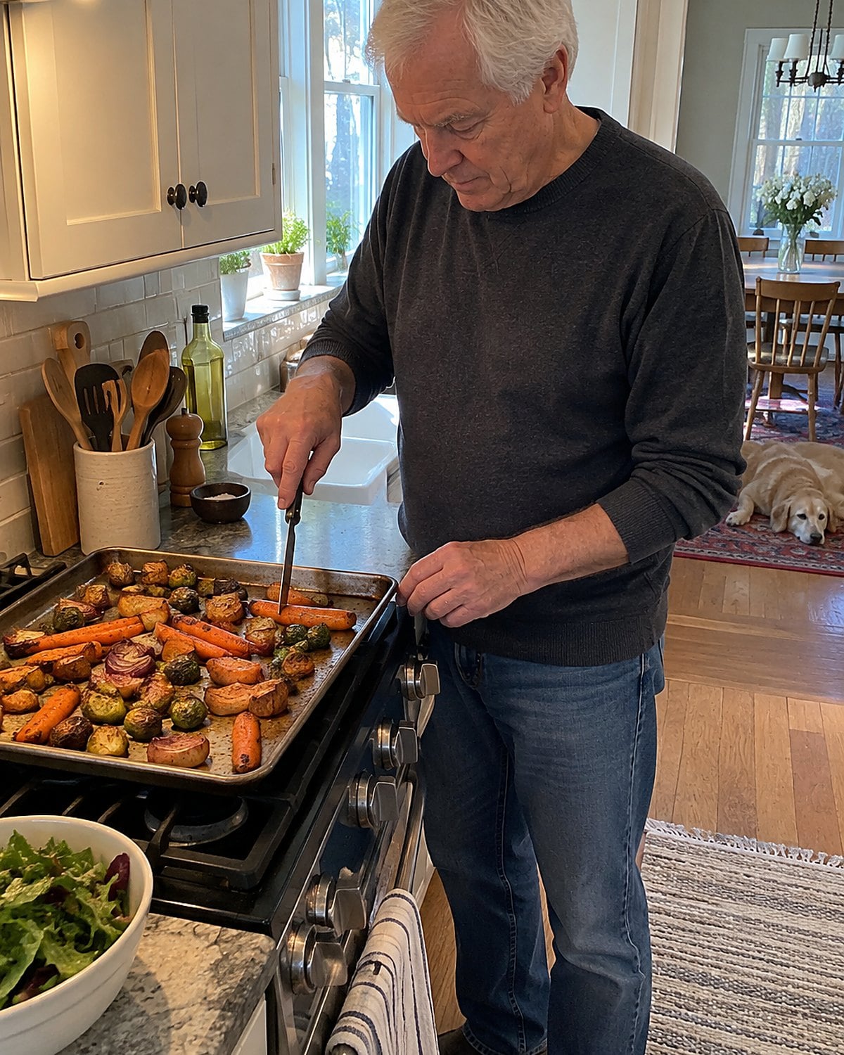 A knife tip tests a roasted carrot on a crowded sheet pan.