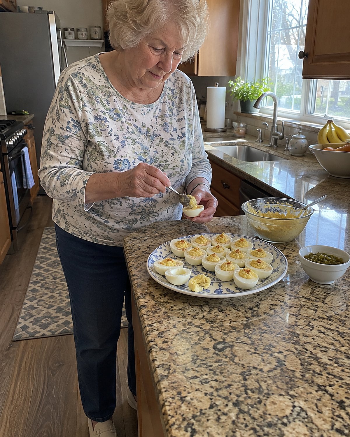 Hands fill deviled egg whites beside a small bowl of pickle relish.