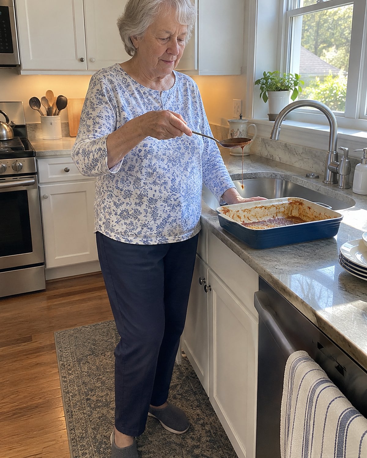 A hand lifts the good serving spoon from an almost empty casserole dish toward the sink.
