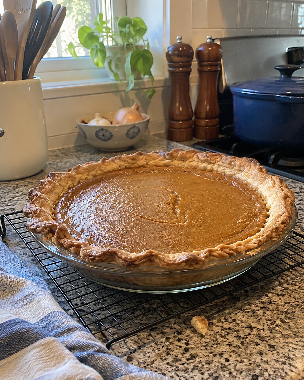 A pumpkin pie with an uneven crust cools on a rack beside the stove.