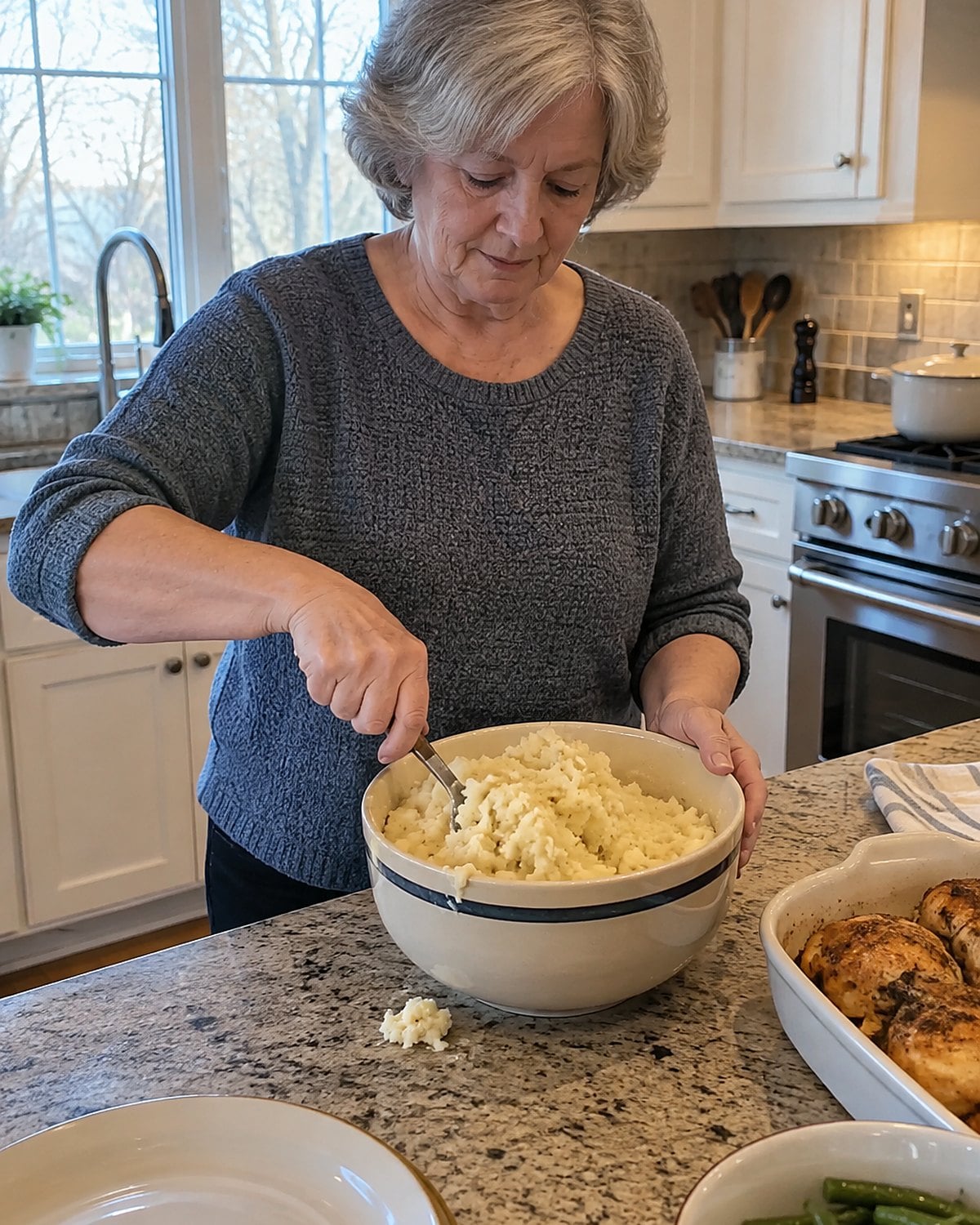 A hand drags a serving spoon through lumpy mashed potatoes in a deep bowl.