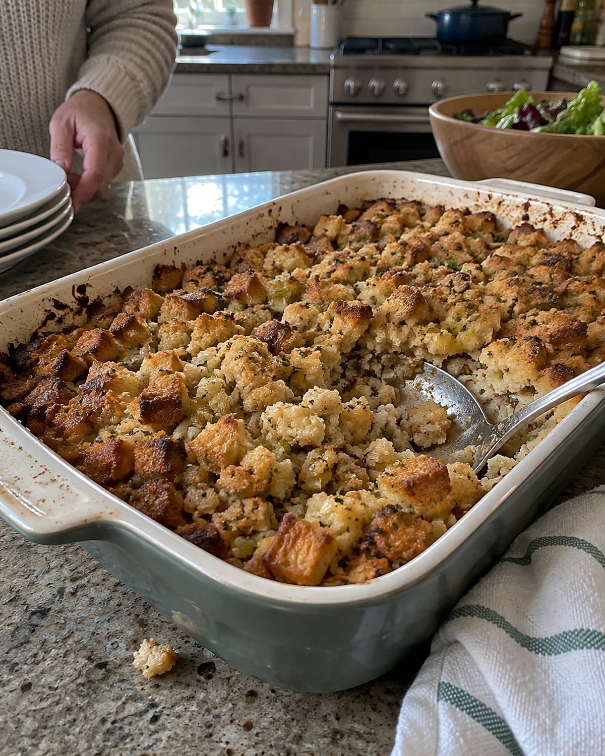 A spoon breaks through the browned top of stuffing in a ceramic baking dish.