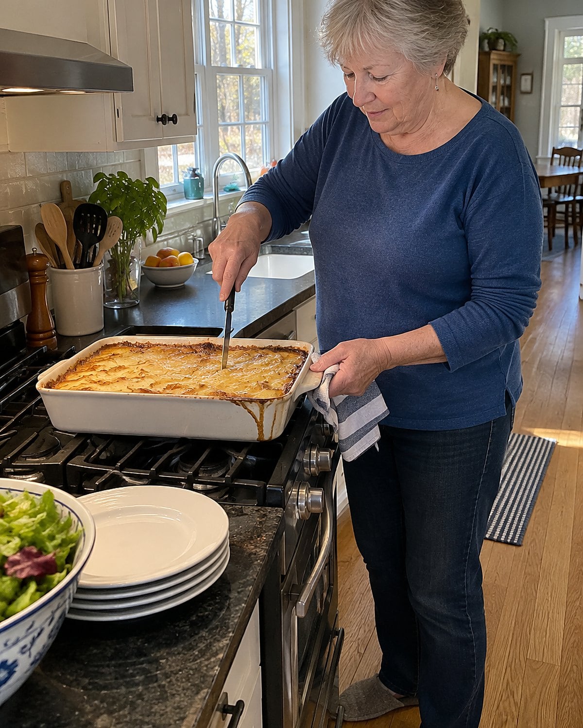 A knife tests the center of scalloped potatoes in a browned baking dish.