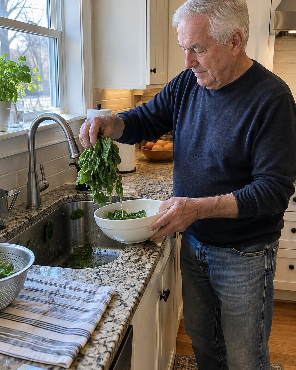 Hands lift wet spinach from a sink into a clean bowl.